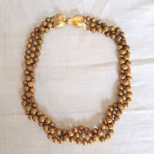 Vintage Gold Tone Metal Twist 3 Row Beaded Ball Necklace Bow Clasp Heavy